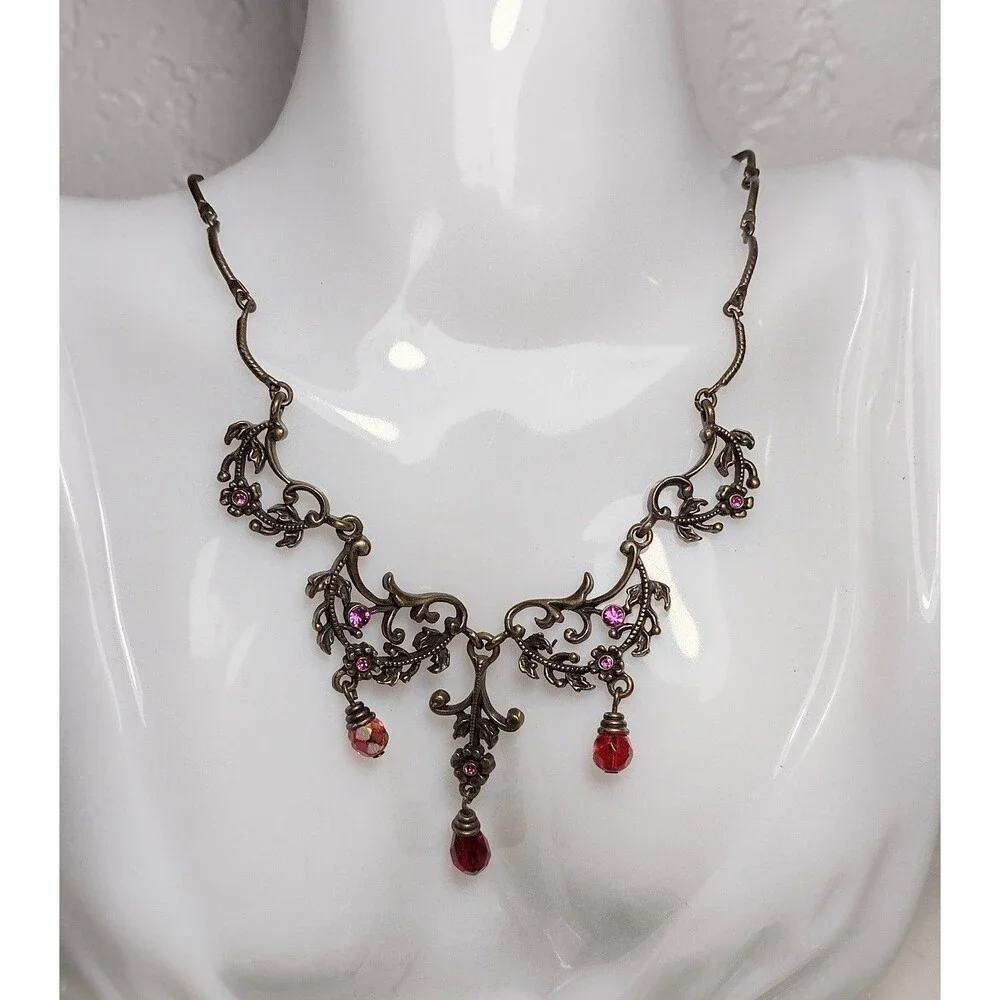 Avon Vintage Bronze Tone Rhinestone Bib Necklace